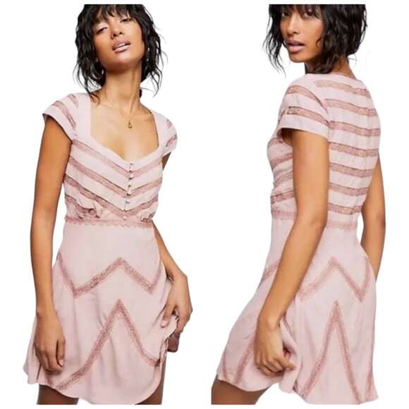 New FREE PEOPLE Dusty Toasted Mink Pink Elle Striped A-Line Mini Dress 4 Small - Picture 11 of 11